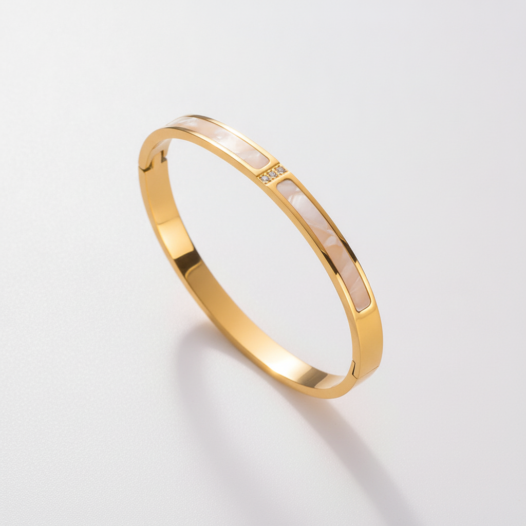 Gold-Tone Shell Inlay Bangle Bracelet with Crystal Accent