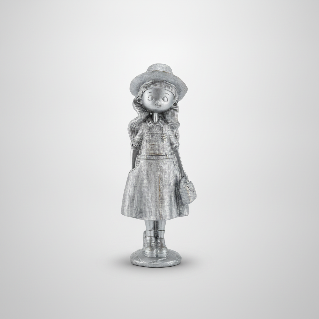 Whimsical Girl Figurine – Silver Resin Statue, 7 Inches