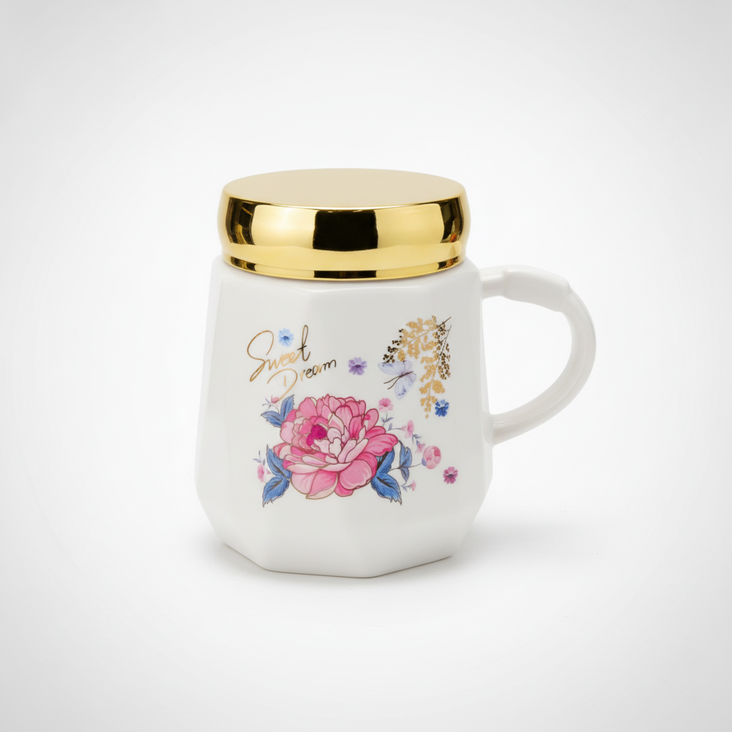 Sweet Dream Floral Ceramic Mug with Gold Rim