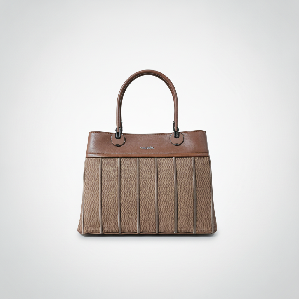 Exotic Pleated Canvas & Leather Tote Handbag – Brown