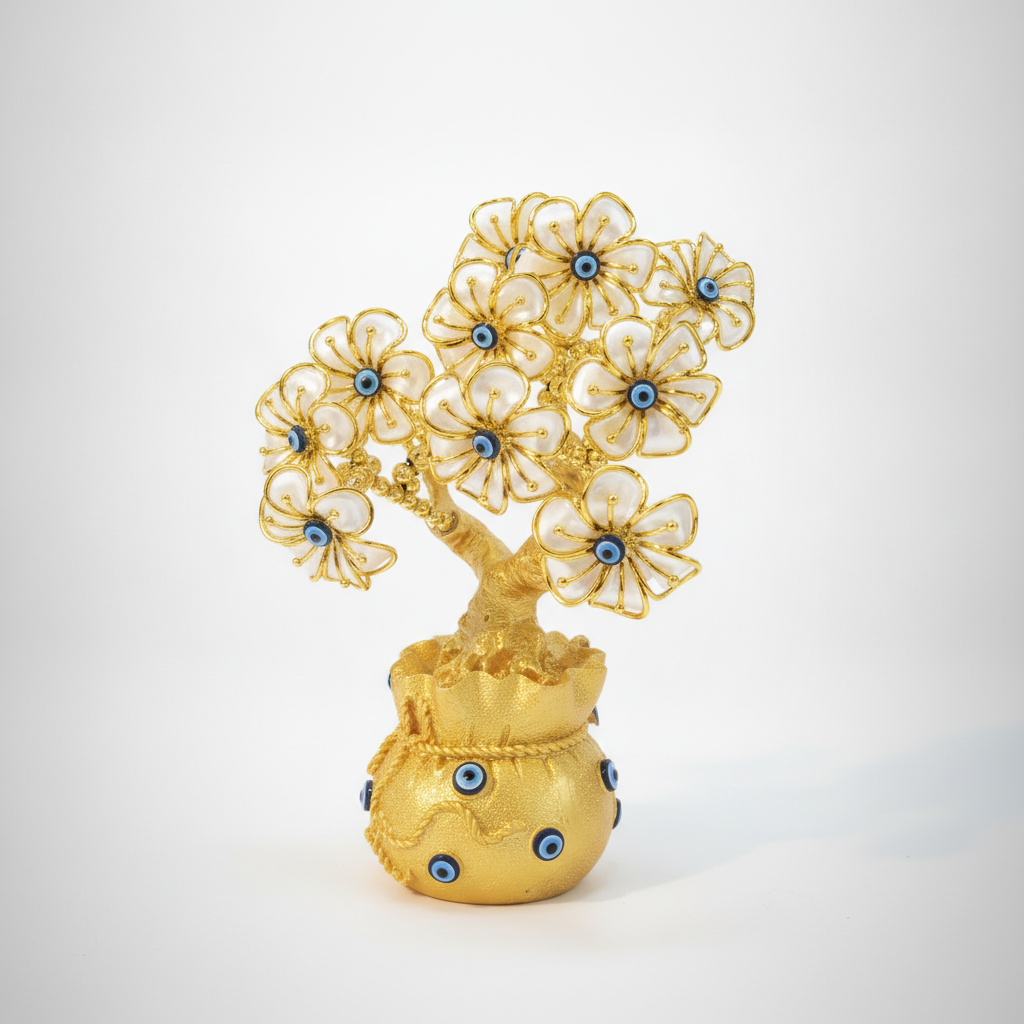 Evil Eye Lucky Money Tree Ornament – Gold & Pearl Decor