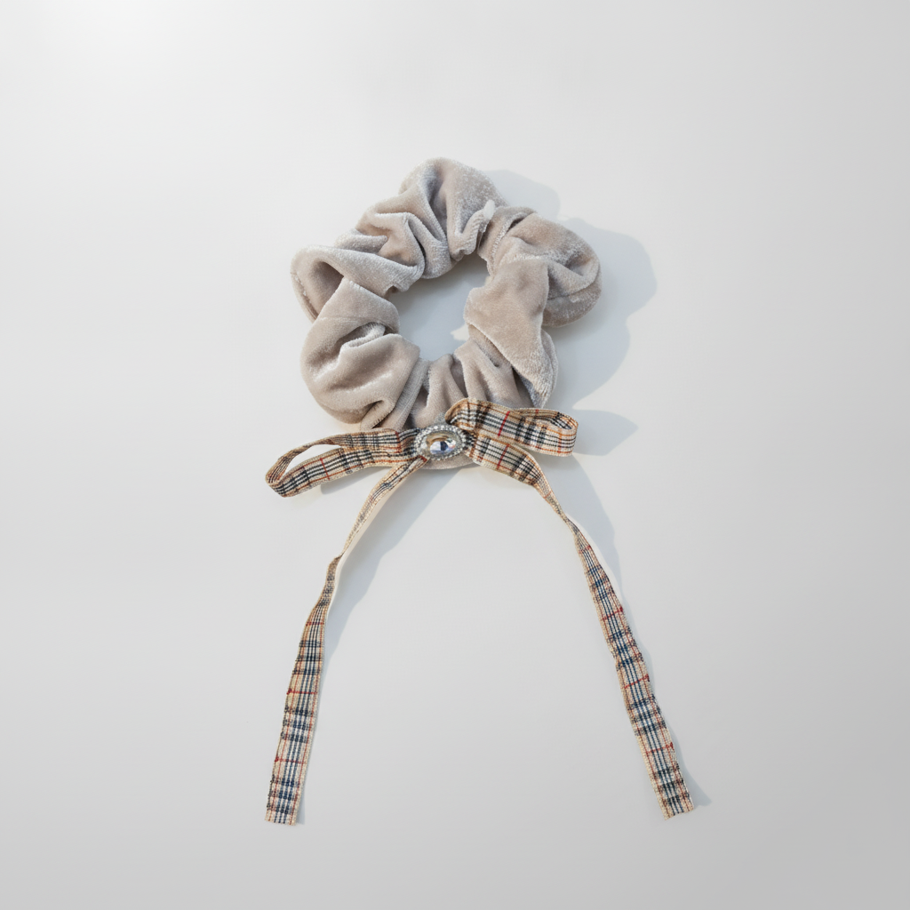Velvet Scrunchie with Plaid Bow & Crystal Detail