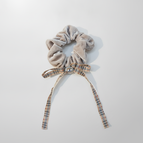 Velvet Scrunchie with Plaid Bow & Crystal Detail
