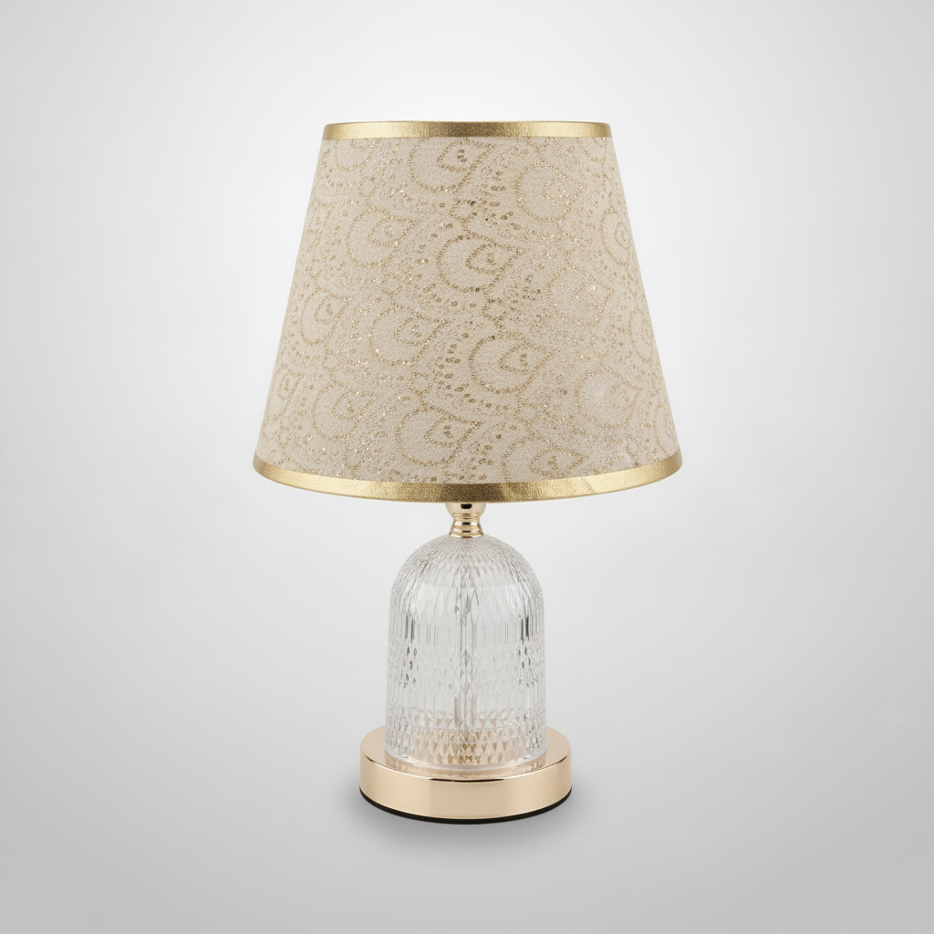 Crystal Base Table Lamp with Gold Lace Fabric Shade