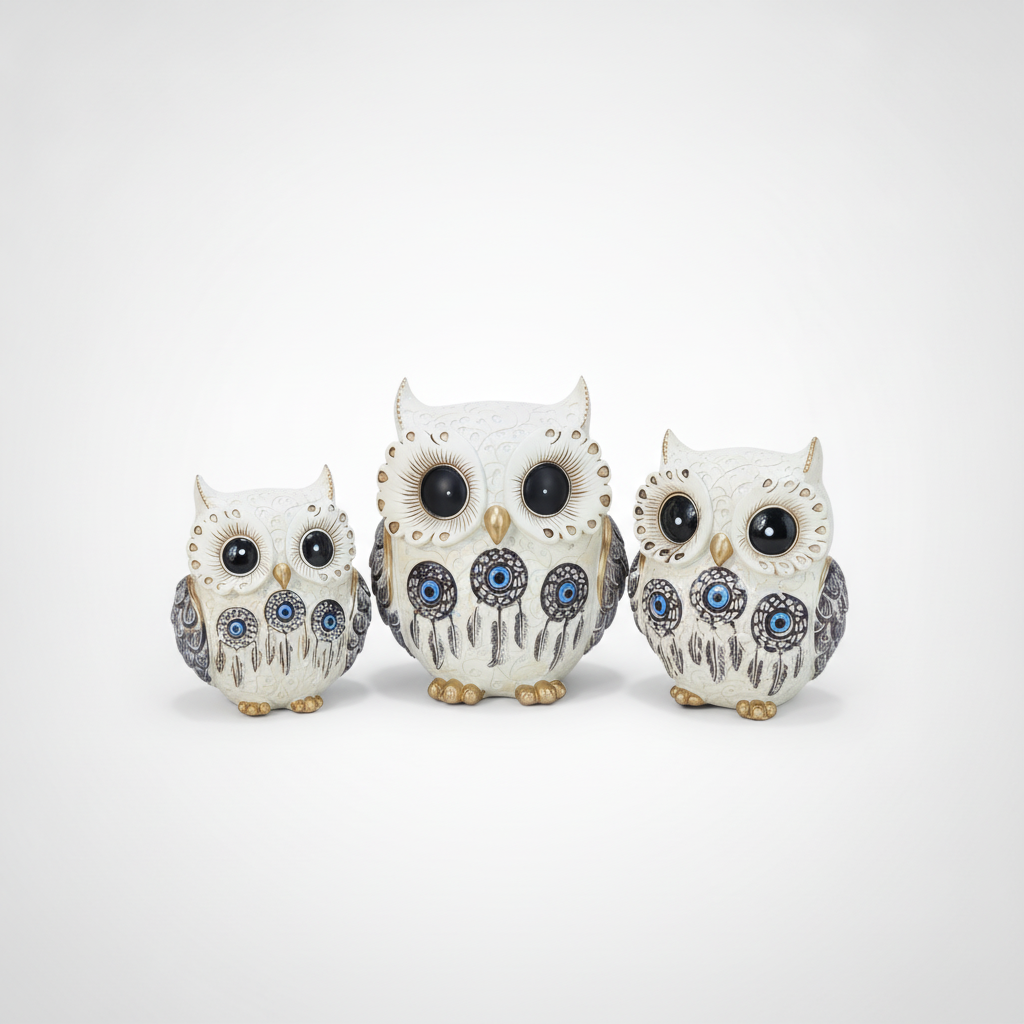 Boho Owl Figurine Set of 3 – White & Gold Resin Décor