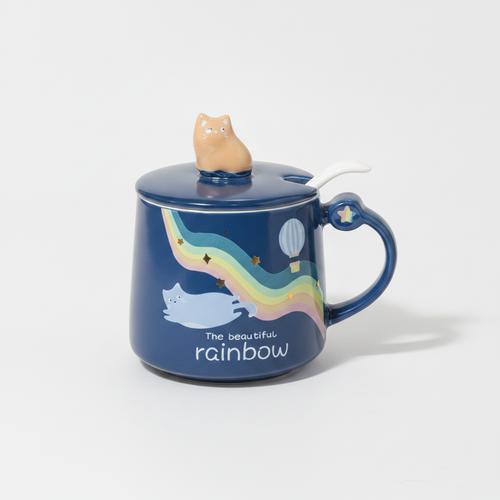 The Beautiful Rainbow Ceramic Mug with Cat Lid & Spoon