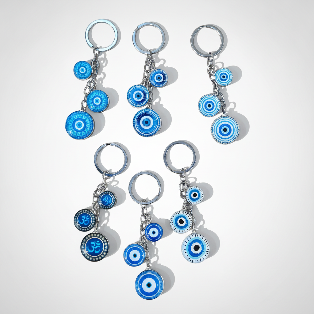 Evil Eye & Om Charm Keychains – Blue Nazar Protection