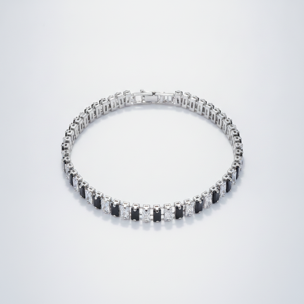Black & White Baguette CZ Tennis Bracelet – Silver Tone