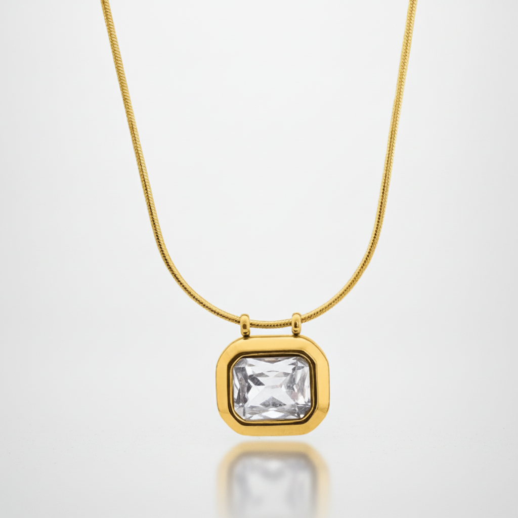 Gold Bezel Crystal Pendant Necklace – Elegant Statement Piece