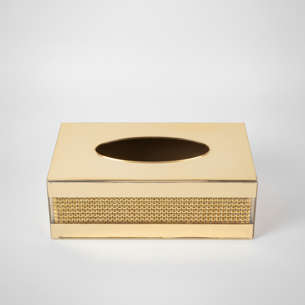 Gold Mirror Glass Tissue Box with Crystal Rhinestone Detail