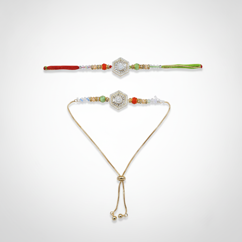 Bhaiya Bhabhi Rakhi Set – Hexagon Crystal Duo