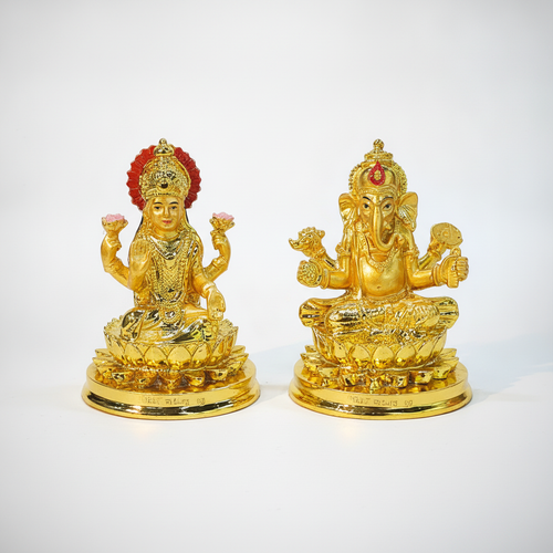 Gold Lakshmi & Ganesha Idol Set – Lotus Throne Figurines