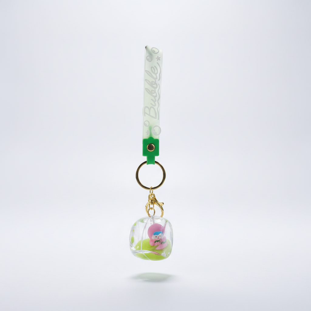 Bubble Charm Keychain with Cute Mini Figure & Green Strap