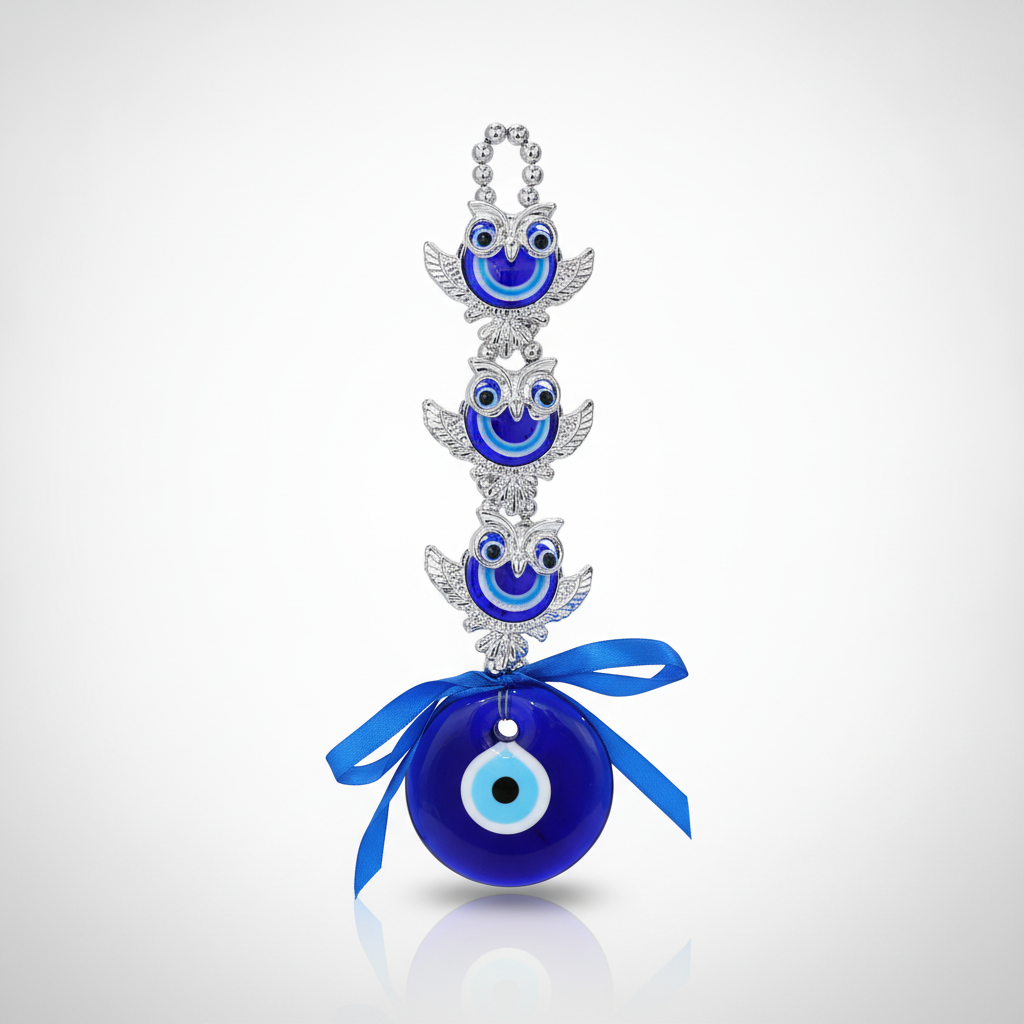 Triple Owl Evil Eye Wall Hanging — Silver & Blue Glass Charm