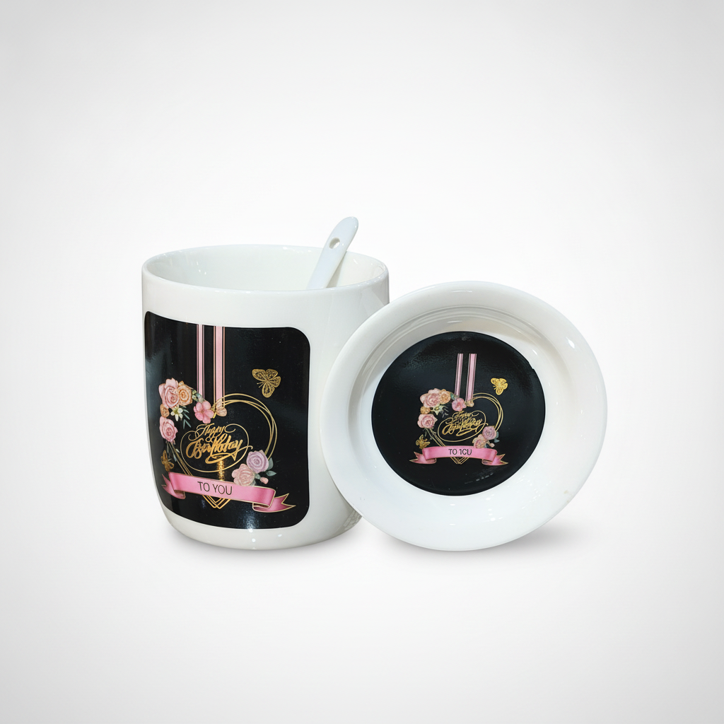 Happy Birthday Ceramic Mug Set with Lid & Spoon