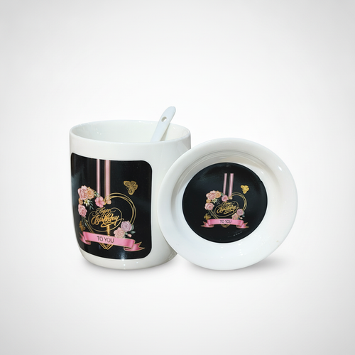 Happy Birthday Ceramic Mug Set with Lid & Spoon