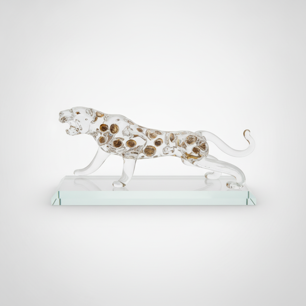 Crystal Leopard Figurine with Gold Accents on Glass Base