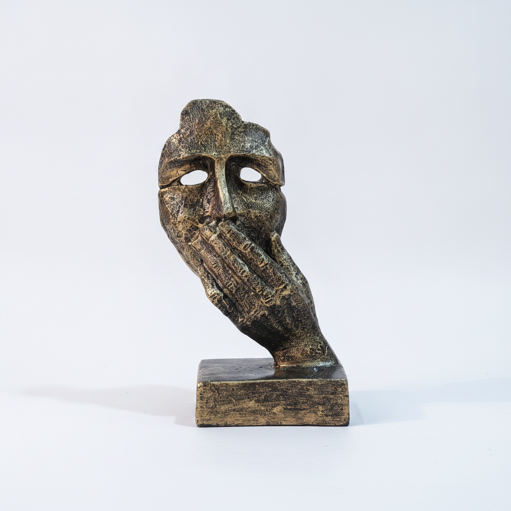 Abstract Thinker Face & Hand Bronze Sculpture – 9 Inch