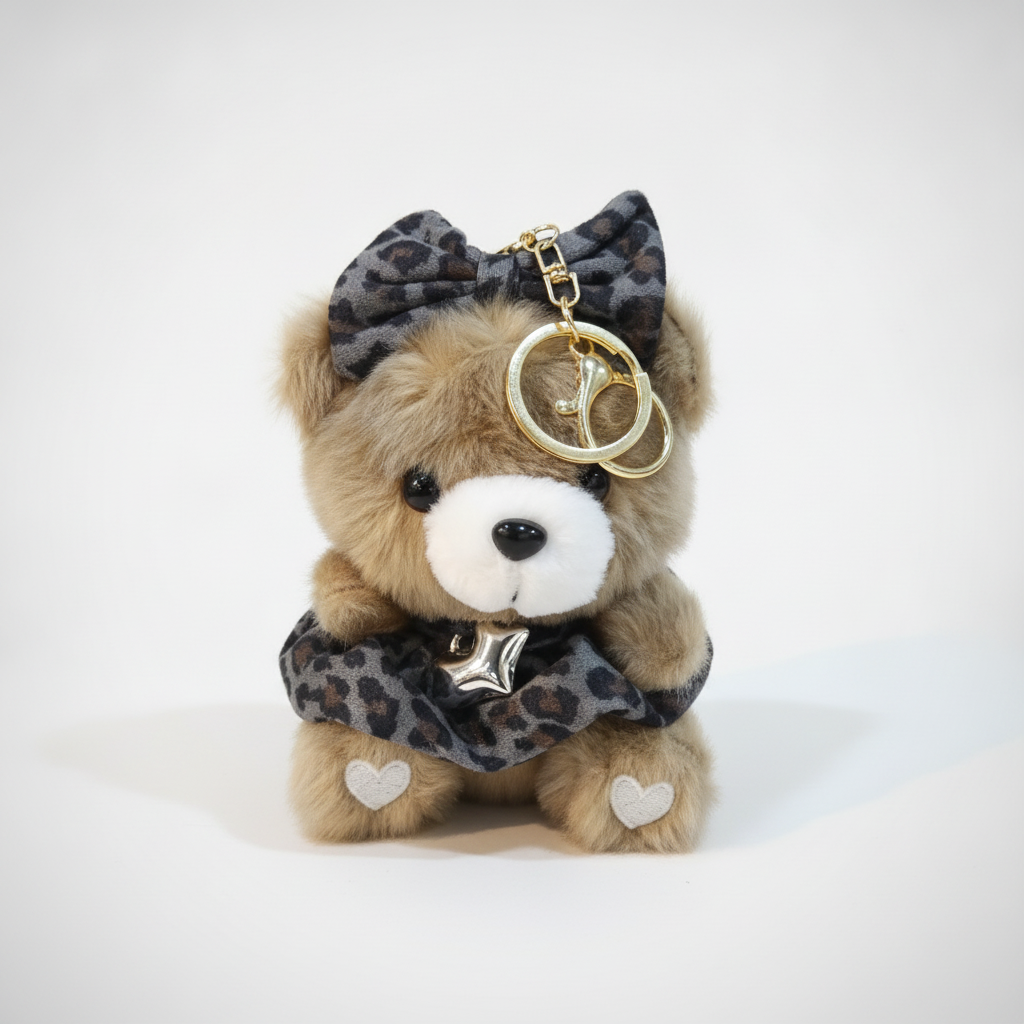 Leopard Print Plush Dog Keychain Charm with Gold Bone