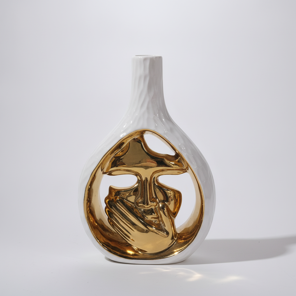 White & Gold Ceramic Face Vase | Luxury Home Décor Sculpture