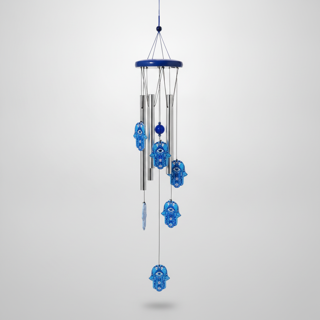 Hamsa Hand Wind Chime with Evil Eye Charms – Blue