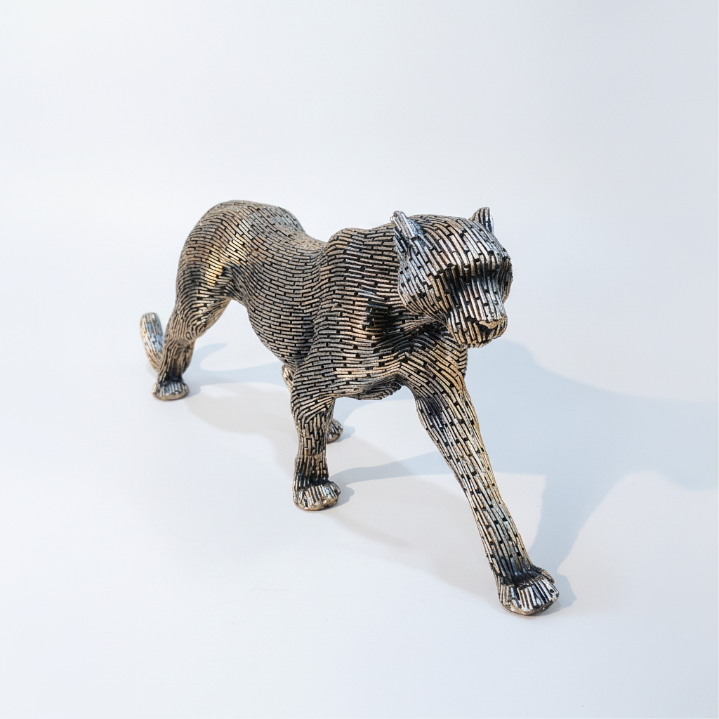Gold & Black Woven-Texture Big Cat Panther Figurine Sculpture