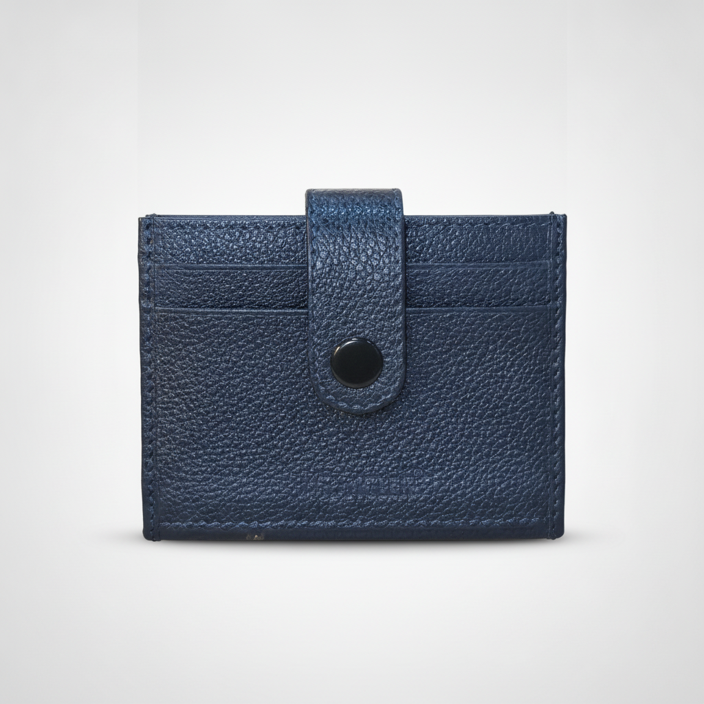 Navy Blue Pebbled Leather Card Holder Wallet with Snap