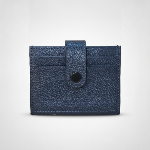 Navy Blue Pebbled Leather Card Holder Wallet with Snap