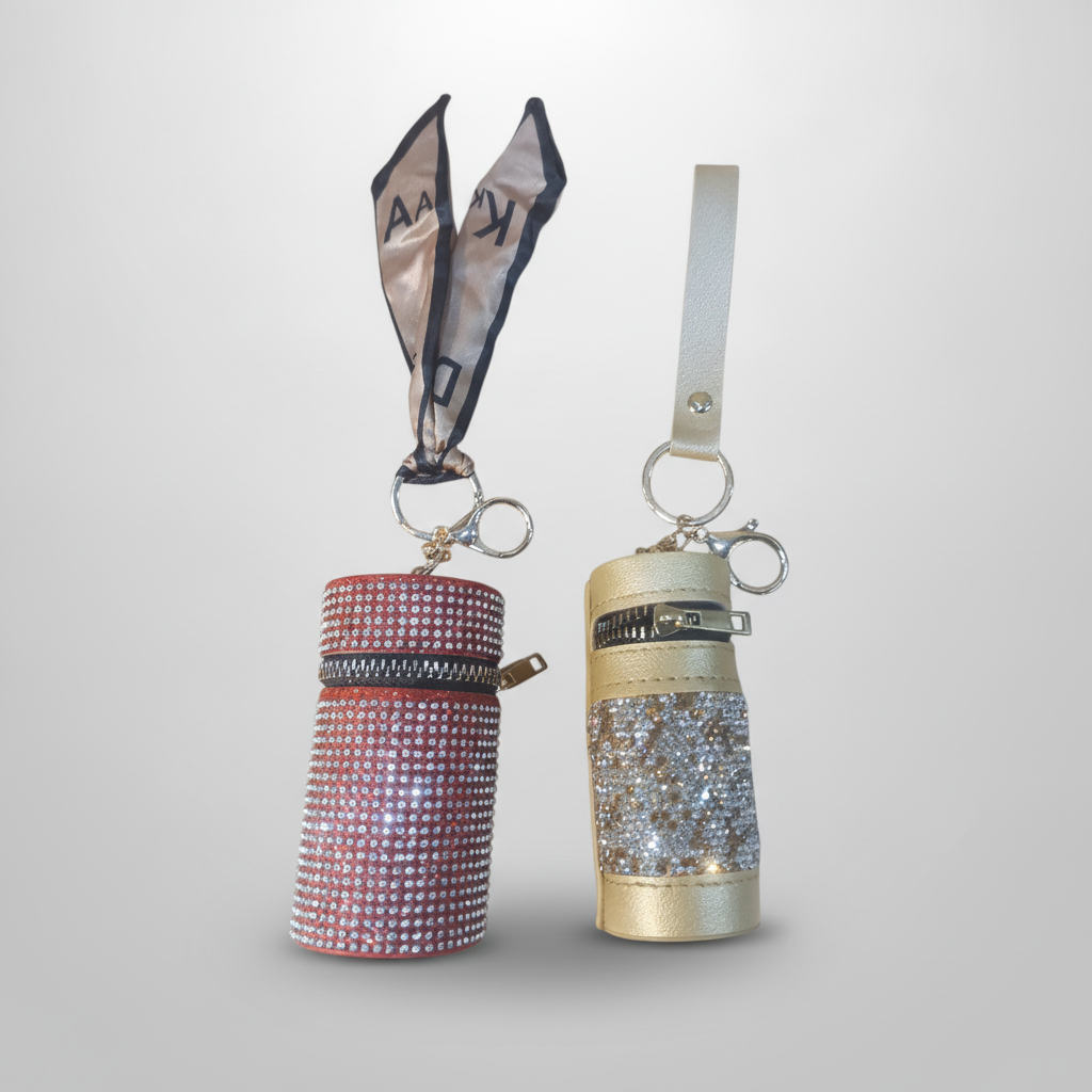 Rhinestone Cylinder Keychain Pouch with Zipper & Wrist Strap