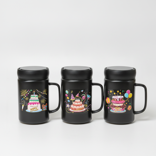 Happy Birthday Ceramic Mug with Lid – Black Festive Design
