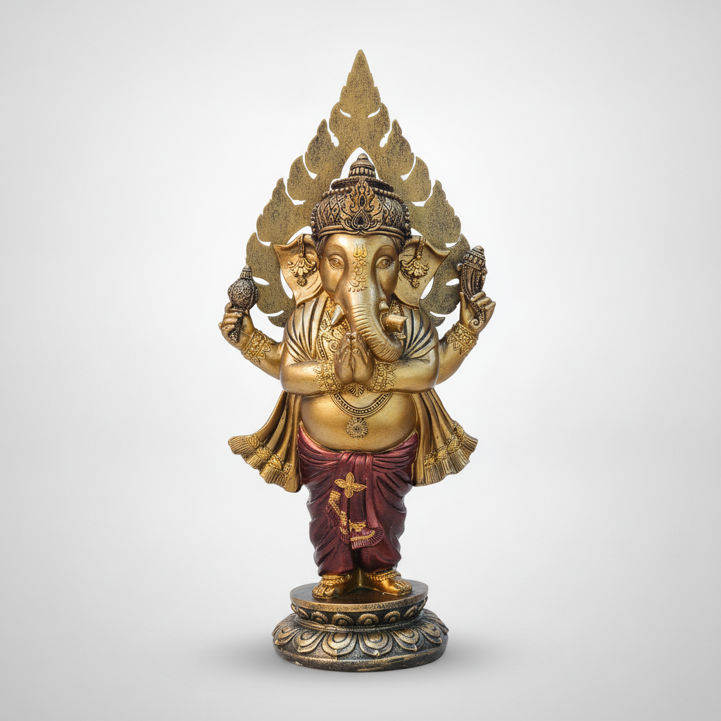 Standing Ganesha Statue Gold & Maroon Resin Figurine