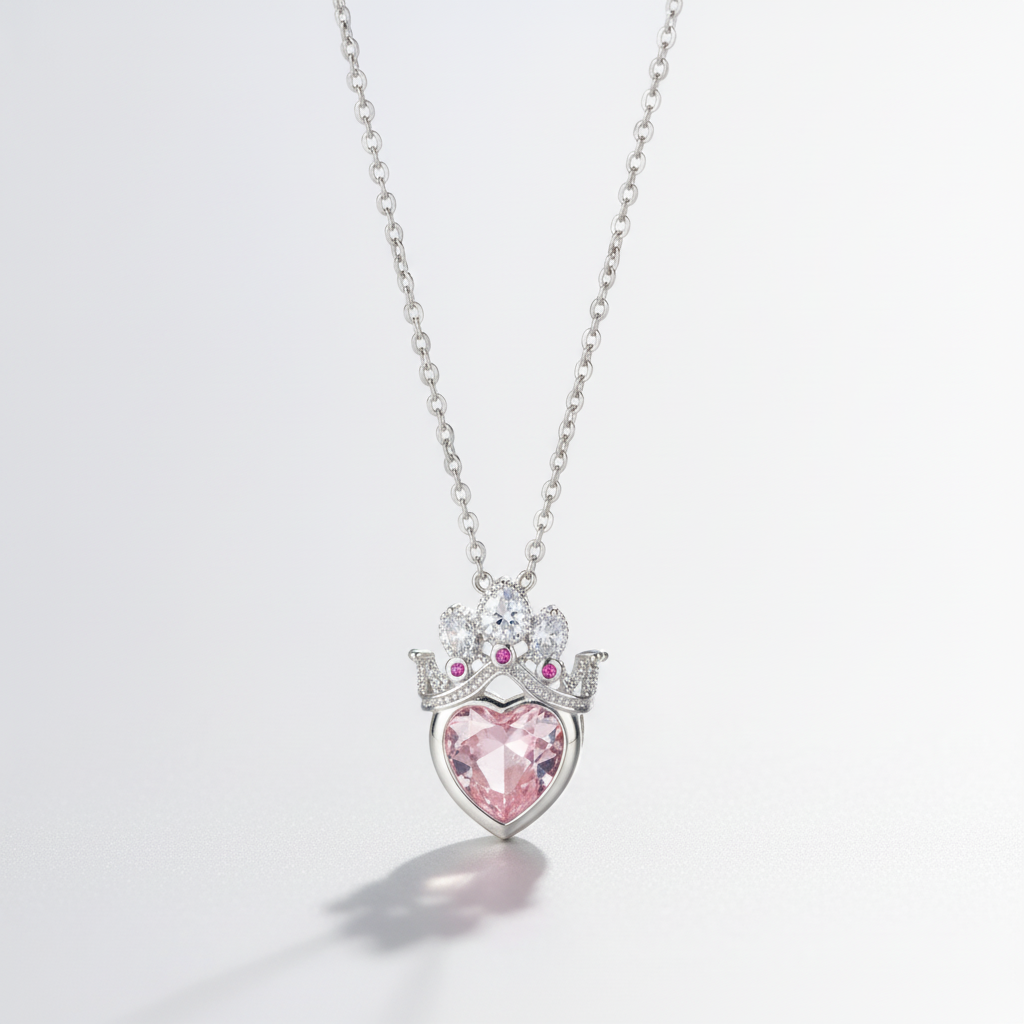 Pink Heart Crown Crystal Pendant Necklace for Women