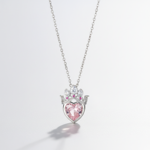 Pink Heart Crown Crystal Pendant Necklace for Women