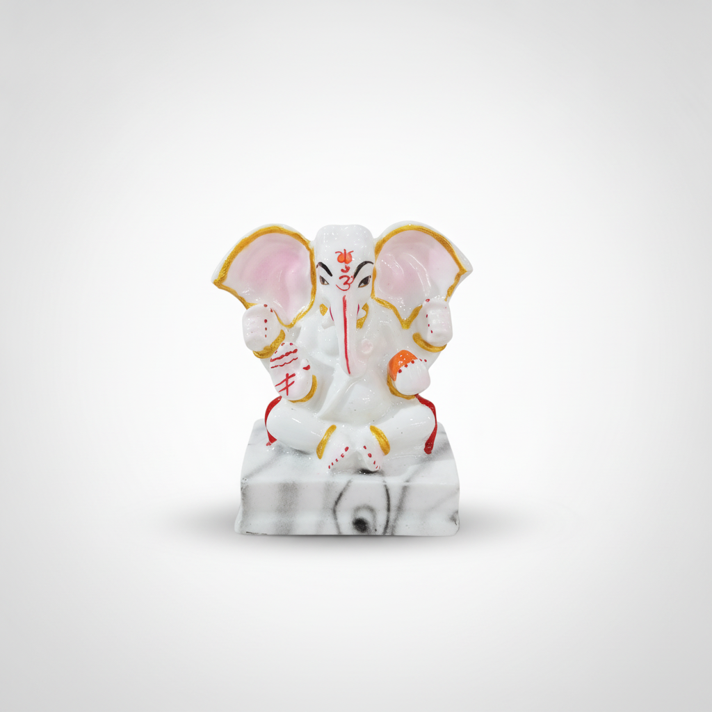 White Marble Ganesh Statue with Hand-Painted Gold & Red Detail