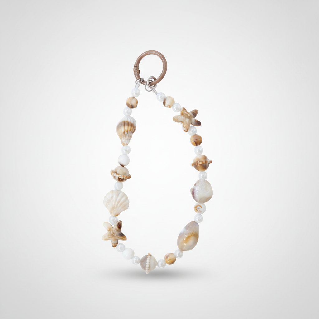 Ocean Shell & White Bead Mobile Phone Keychain