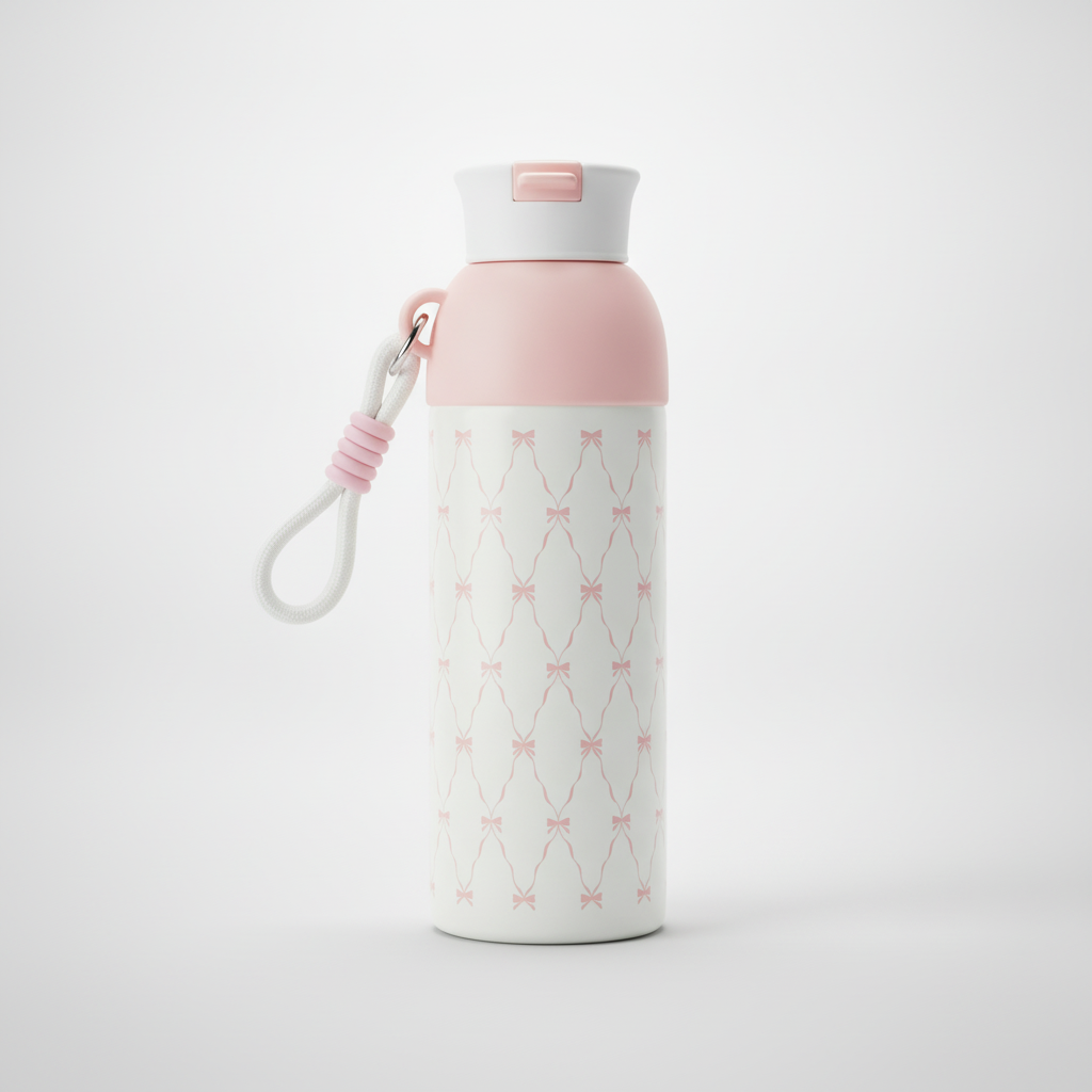 Cute Pink Bow Insulated Water Bottle with Carry Strap