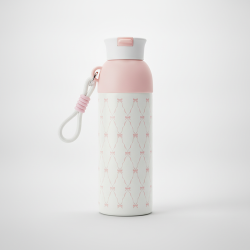 Cute Pink Bow Insulated Water Bottle with Carry Strap
