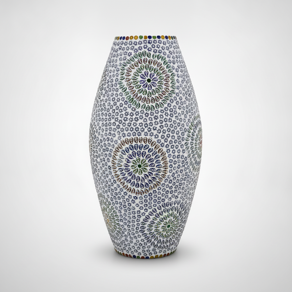 Handcrafted Mosaic Floral Lamp Vase – 17" White & Multicolor