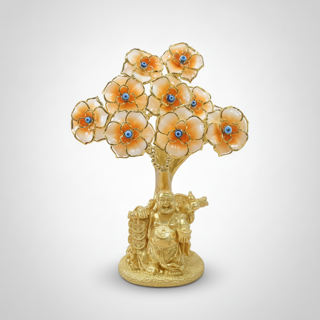 Golden Laughing Buddha Evil Eye Flower Tree Figurine