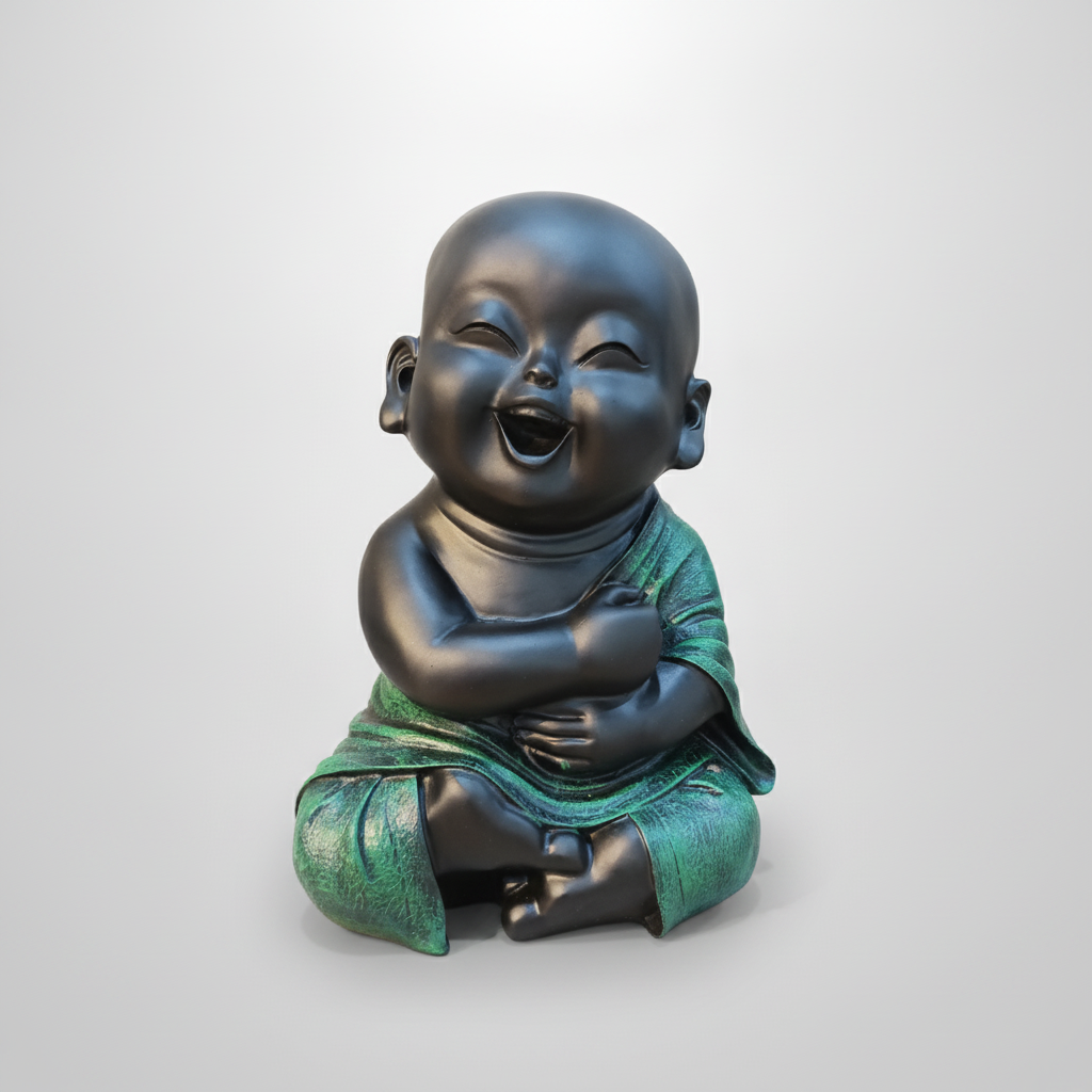 Laughing Baby Buddha Monk Figurine – Matte Black & Green