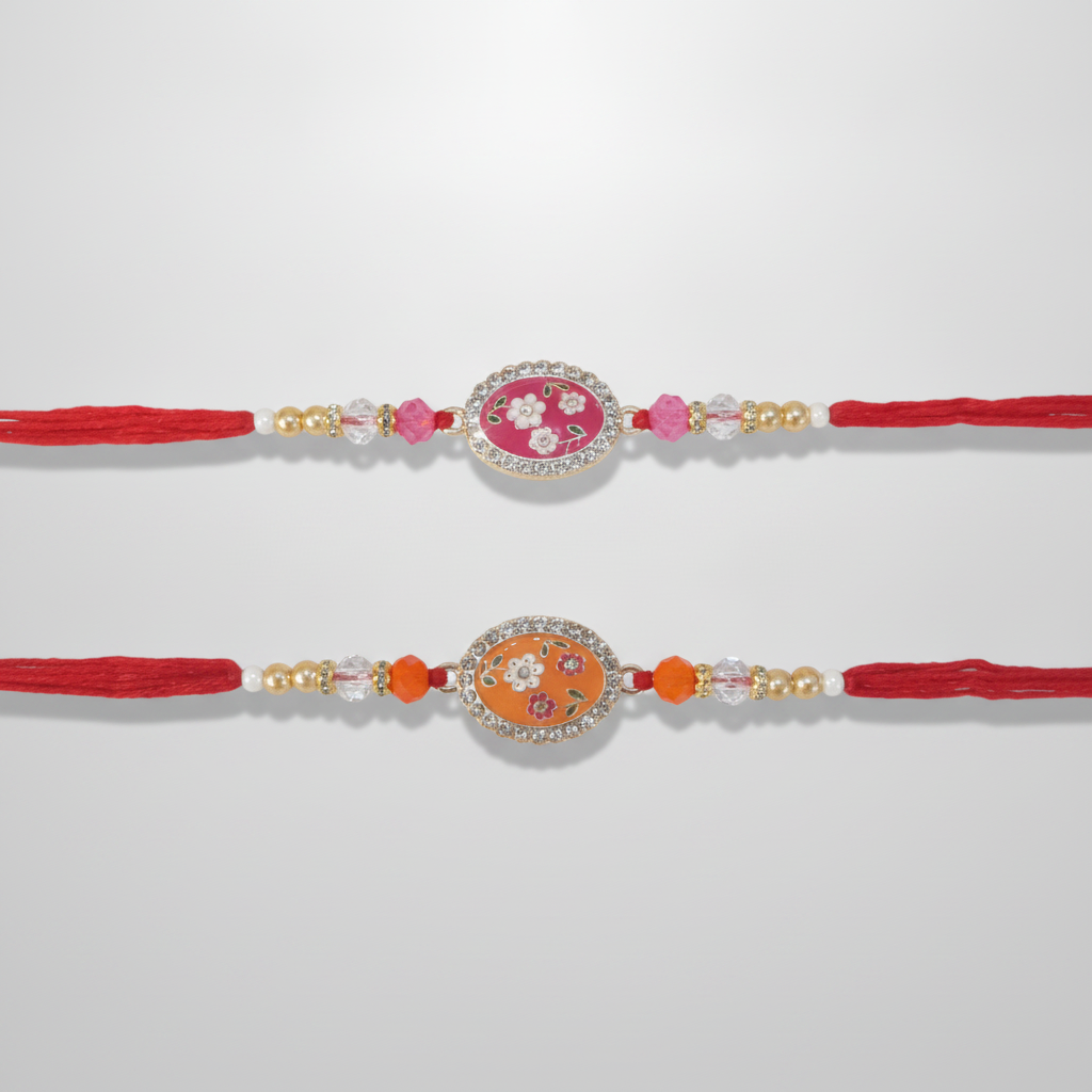 Floral Meenakari Rakhi Set – Red Thread with Crystal Beads