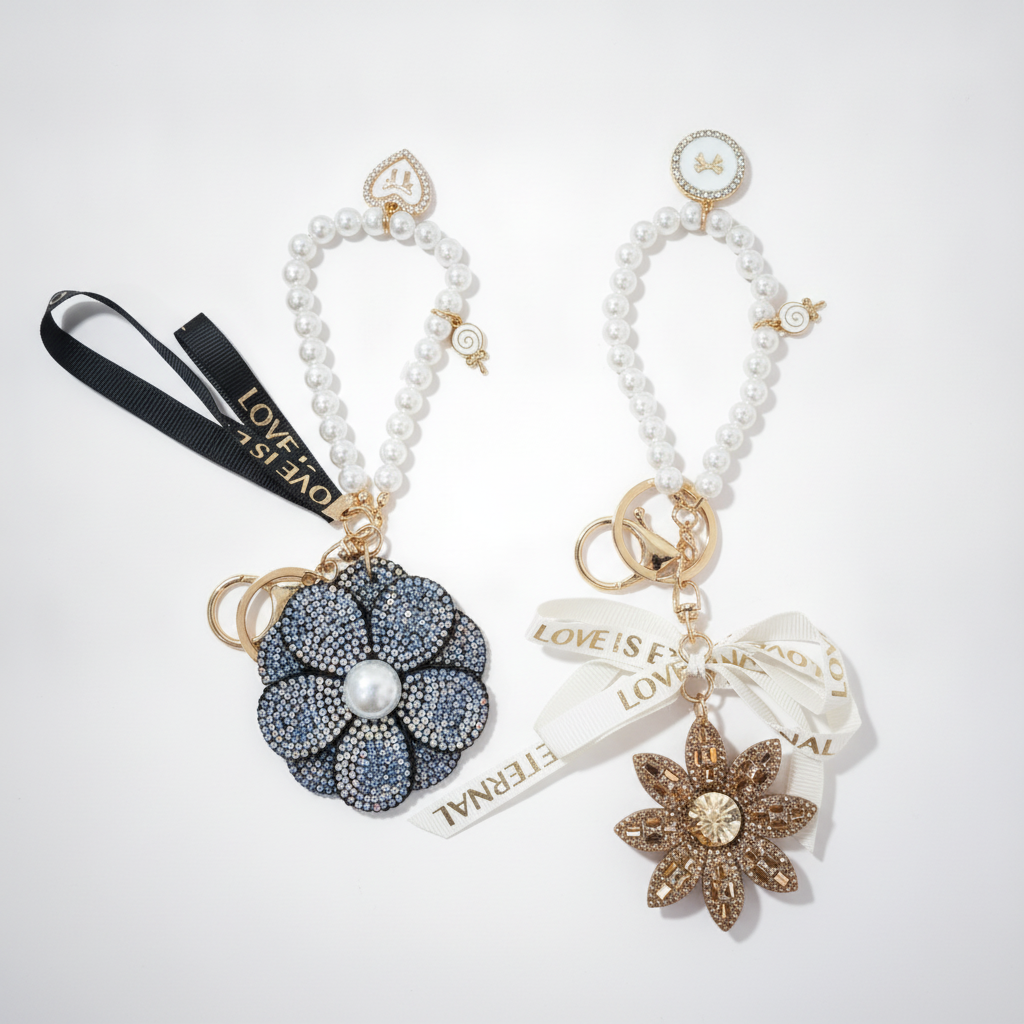 Pearl Beaded Flower Crystal Keychain with Ribbon Bow