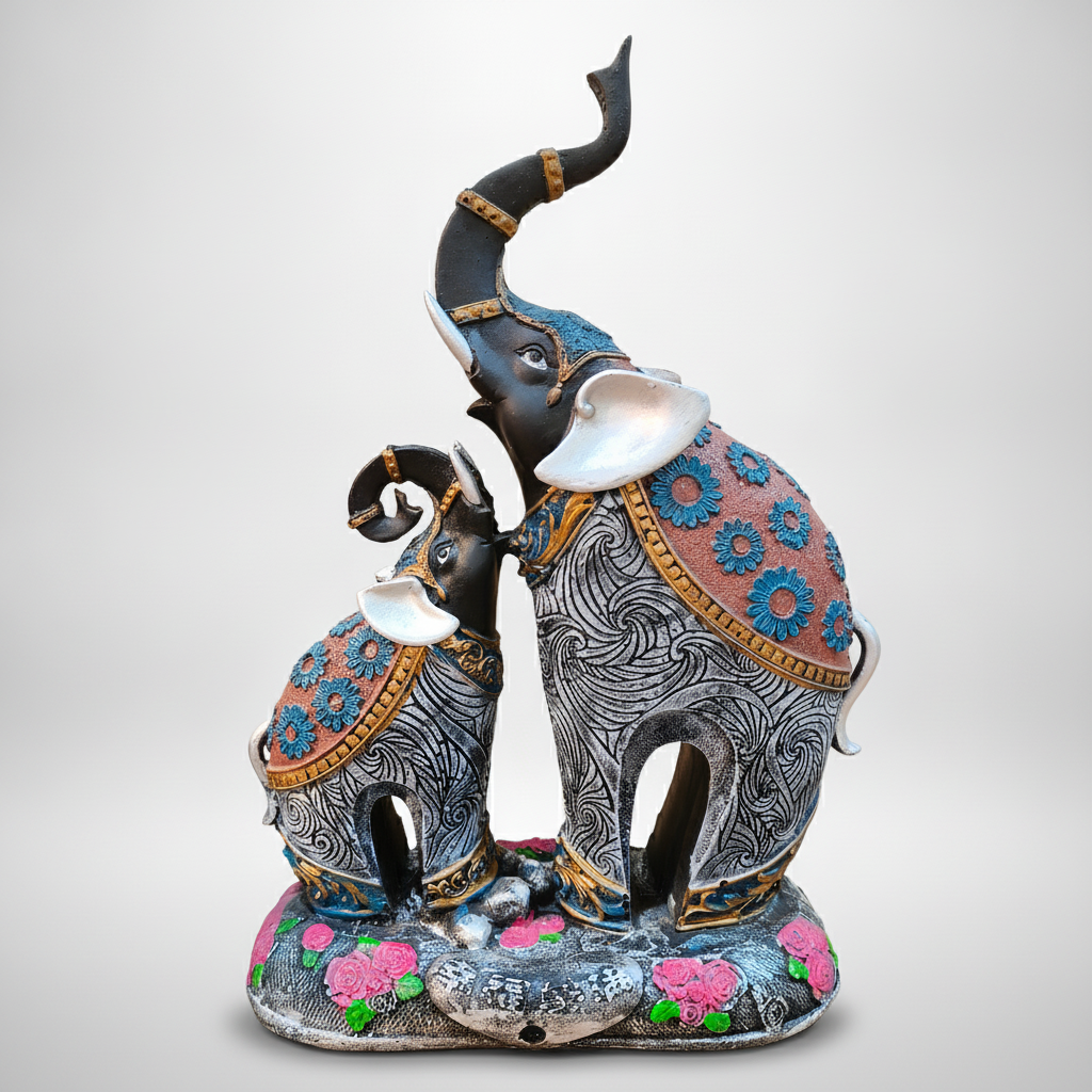 Ornate Thai Elephant Mother & Baby Figurine – 15" Resin