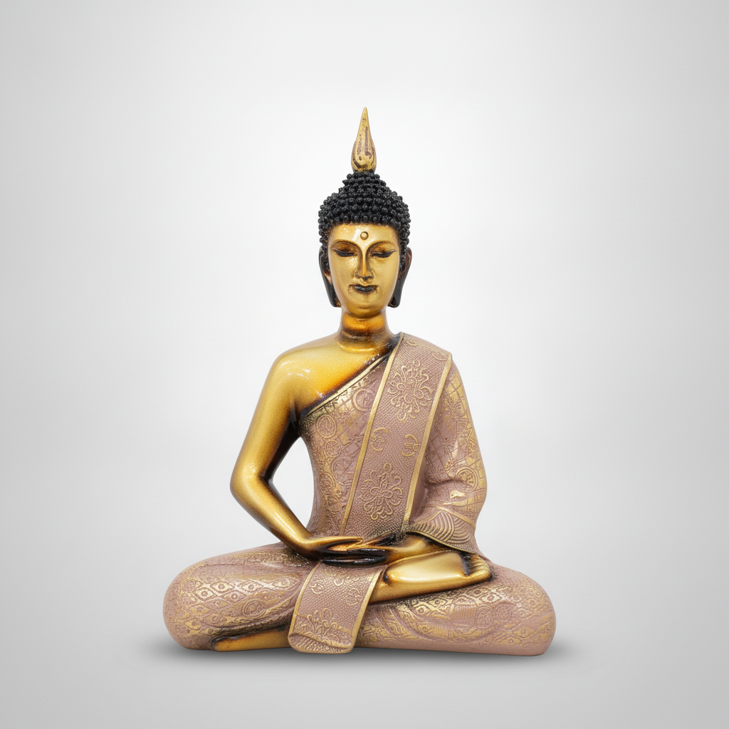 Thai Buddha Meditation Statue – Gold & Rose Resin Figurine