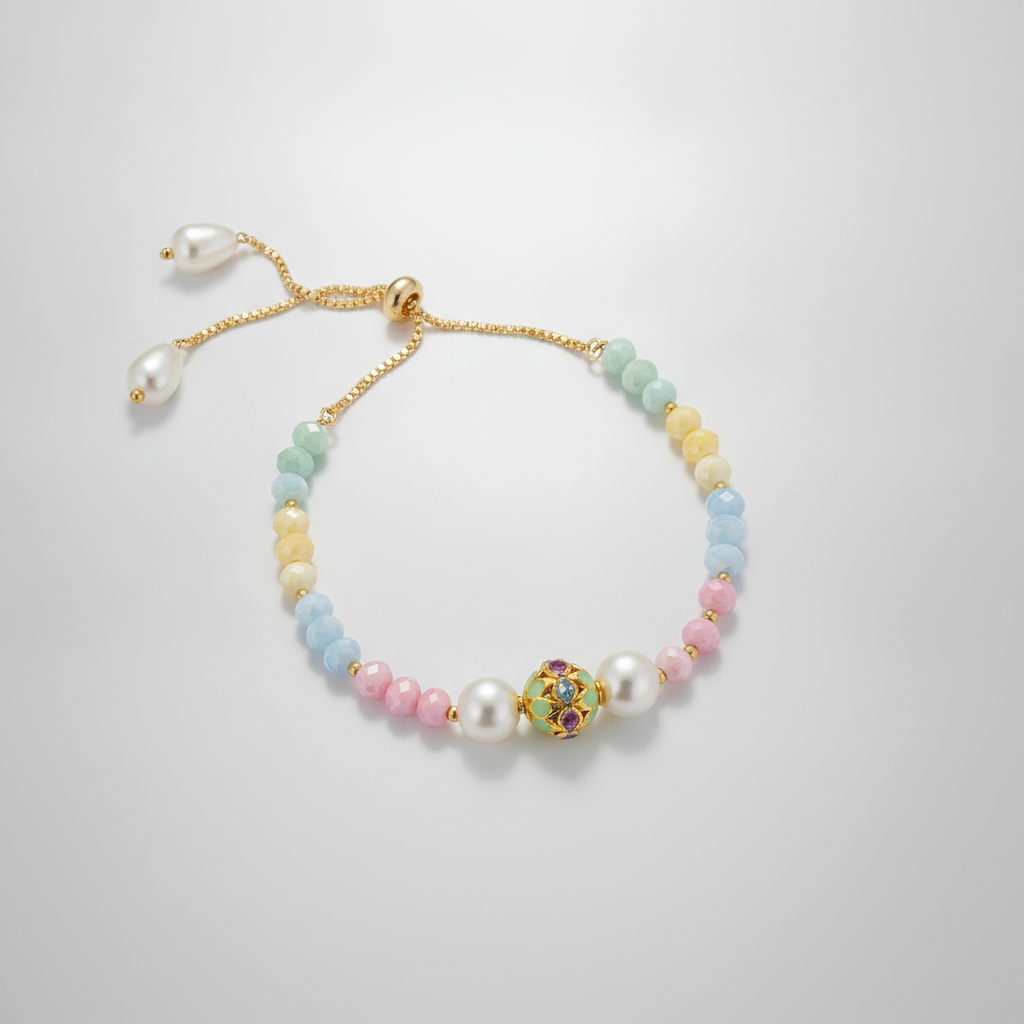 Pastel Crystal & Pearl Rakhi Bracelet with Gold Adjustable Chain