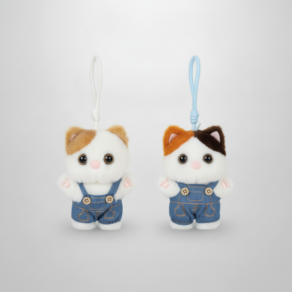 Cute Calico Cat Plush Keychain in Denim Overalls