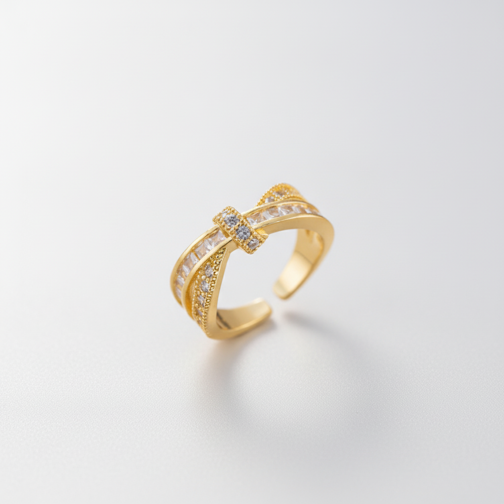 Gold Crystal Crossover Statement Ring | Adjustable Band