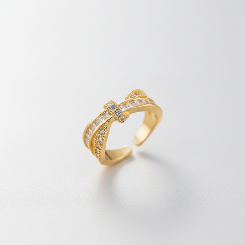 Gold Crystal Crossover Statement Ring | Adjustable Band