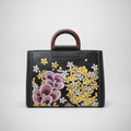 Exotic Floral Embroidered Black Handbag with Wood Handle