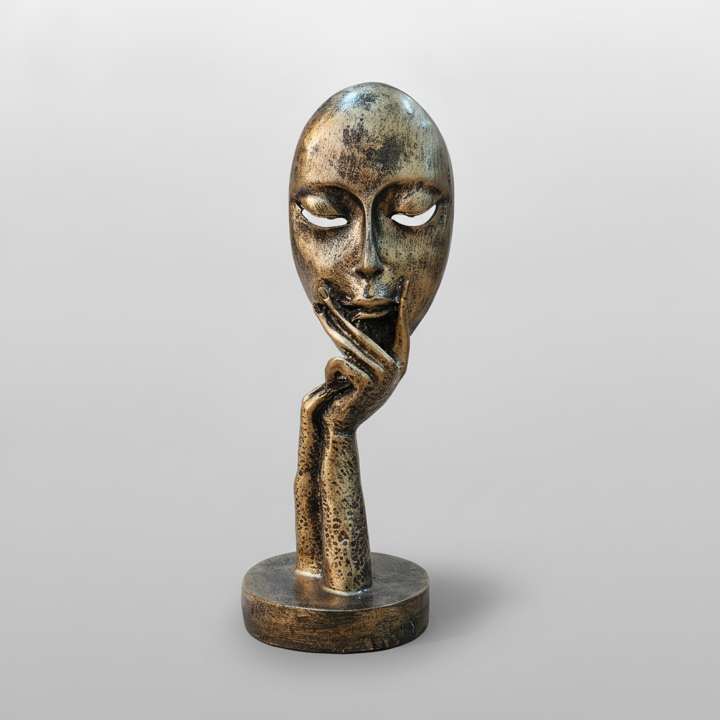 Abstract Thinker Face Sculpture – Antique Gold Décor Statue